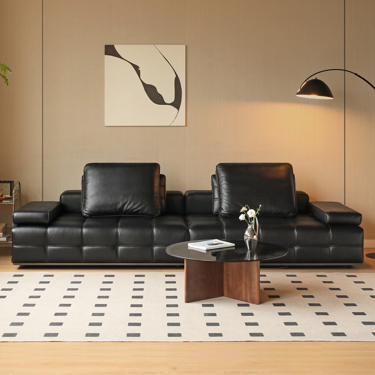 Leather Sofa Italian Black Straight Head Layer Yellow Cowhide.