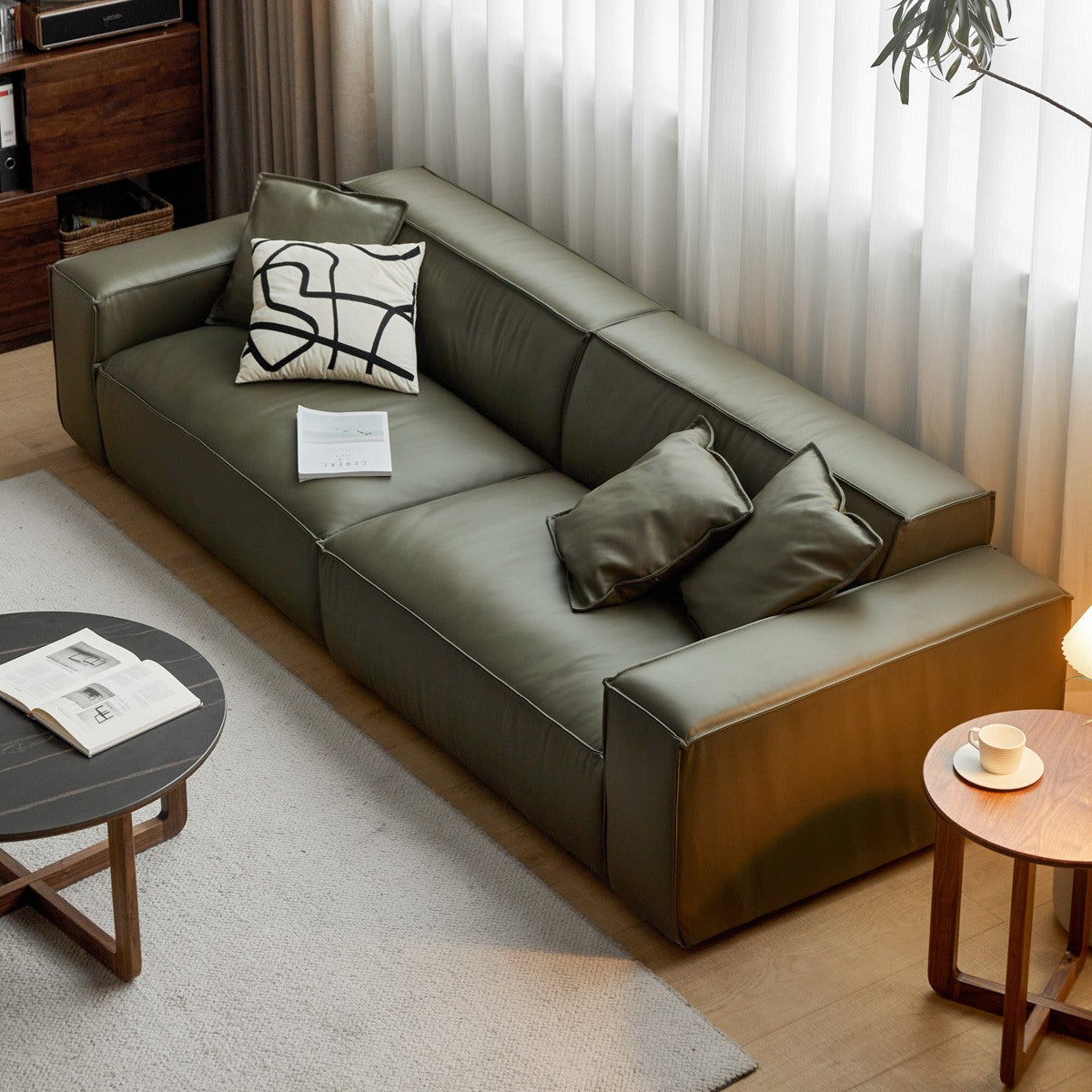 First Layer Yellow Cowhide Italian Tofu Block Sofa.