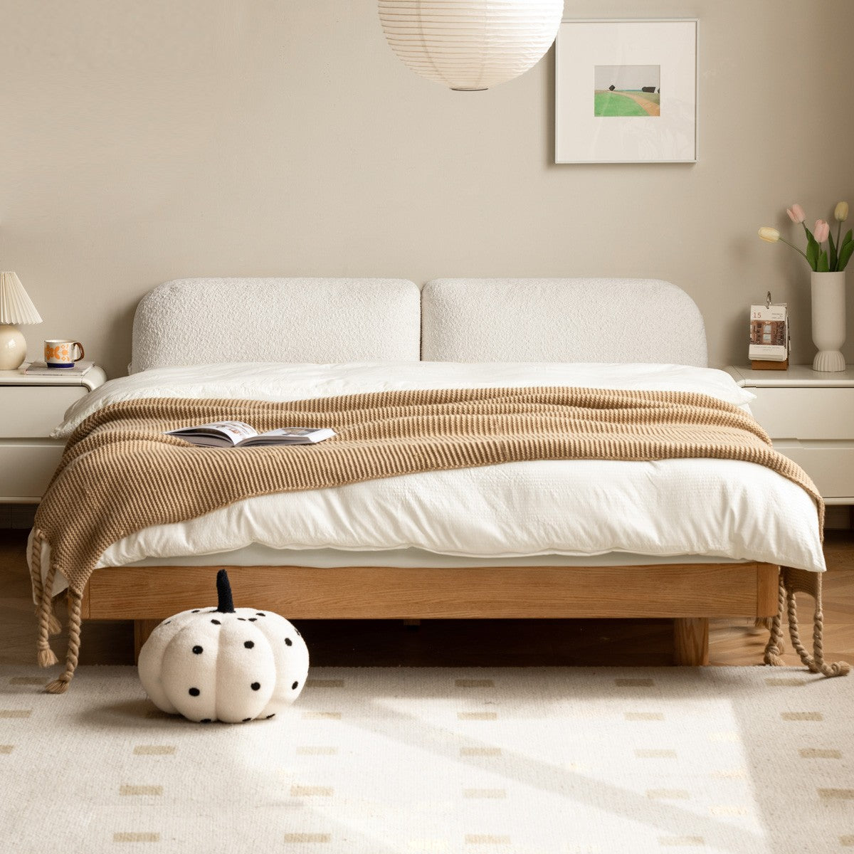 Oak Solid Wood Lamb Fleece Soft Suspension Cream Bed
