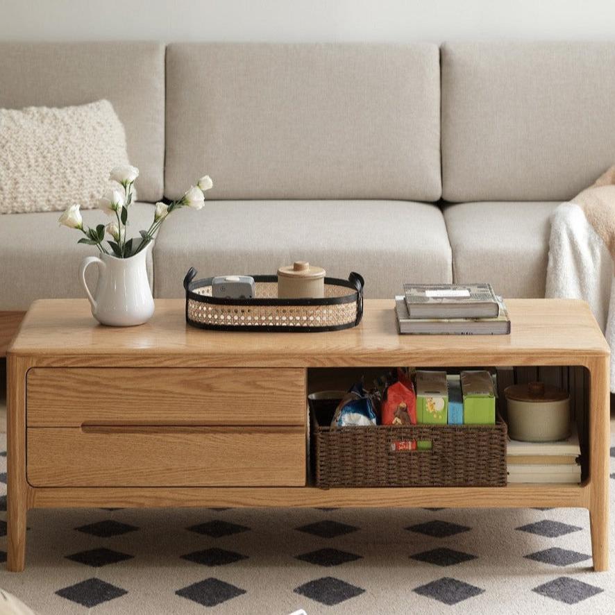 Oak, Solid Rubberwood Coffee Table Three Drawers