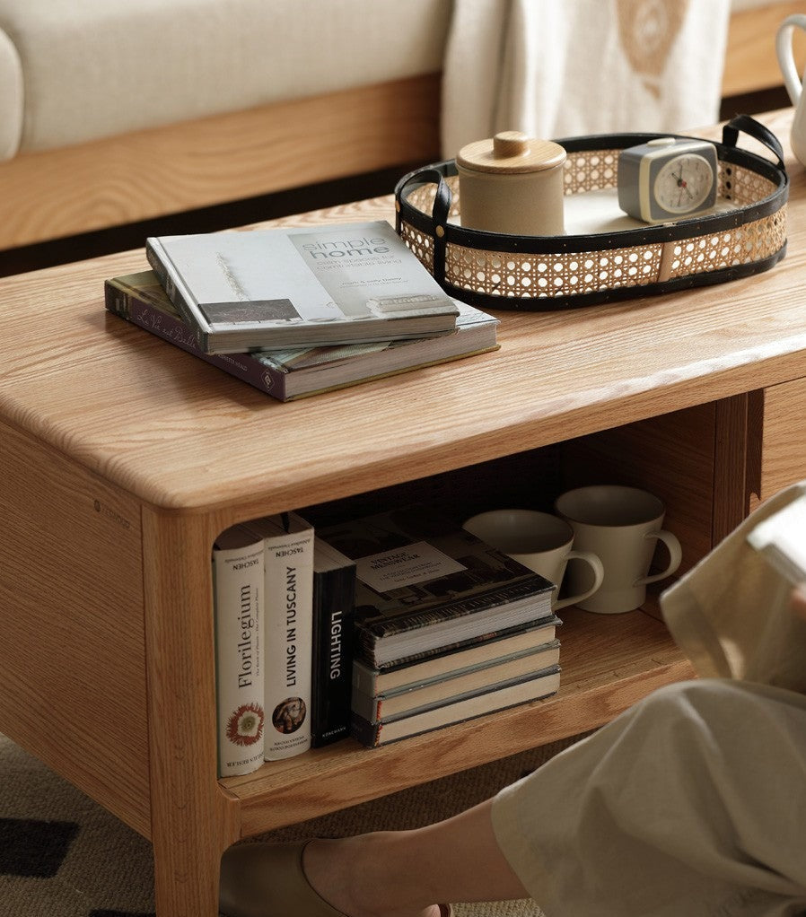 Oak, Solid Rubberwood Coffee Table Three Drawers