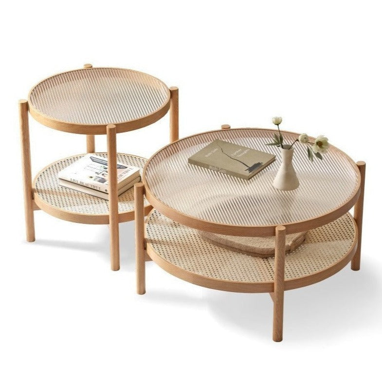 Coffee table.glass, rattan Oak solid wood"