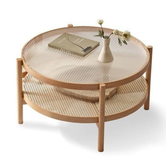 Coffee table.glass, rattan Oak solid wood"