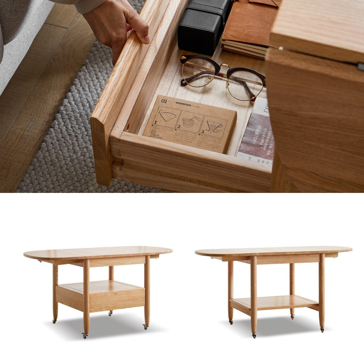 Oak, Beech Solid Wood Folding Mobile Coffee Table