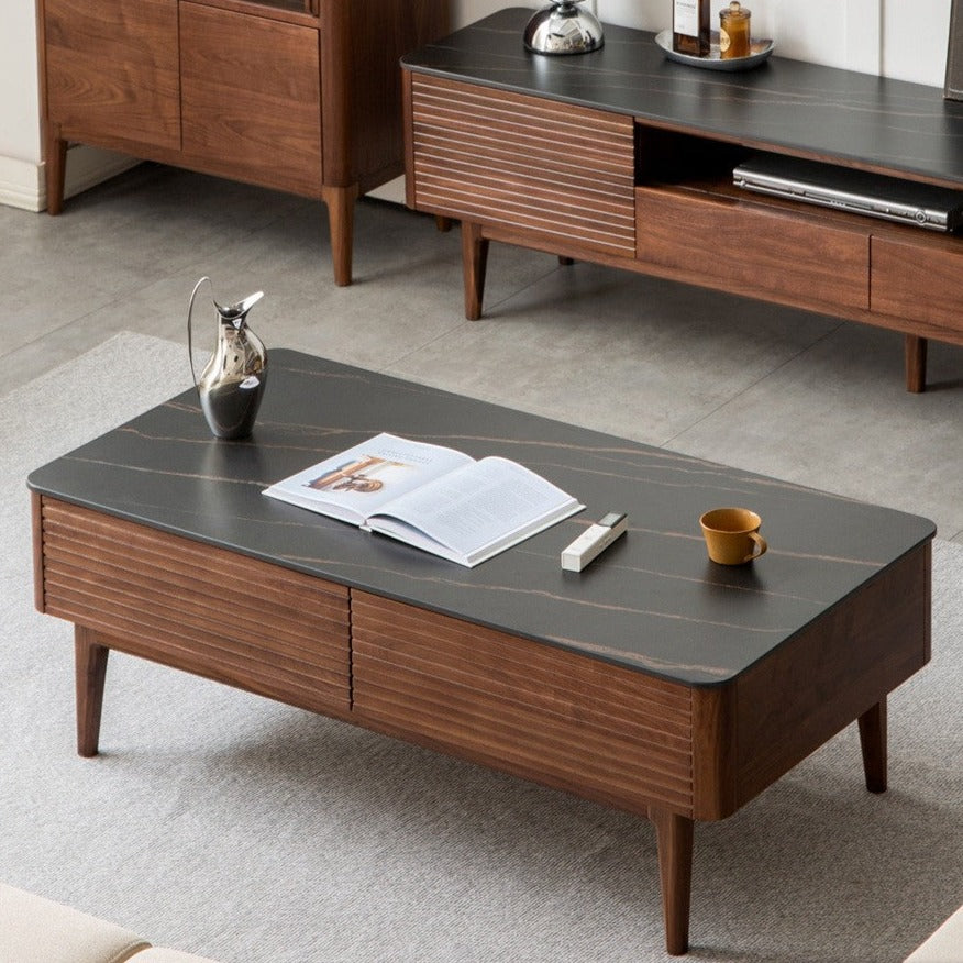 Black Walnut, Sandal Solid Wood Coffee Table with Slate Top