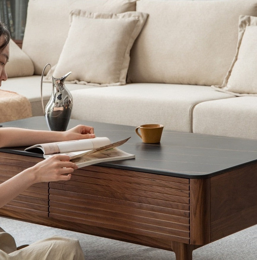 Black Walnut, Sandal Solid Wood Coffee Table with Slate Top