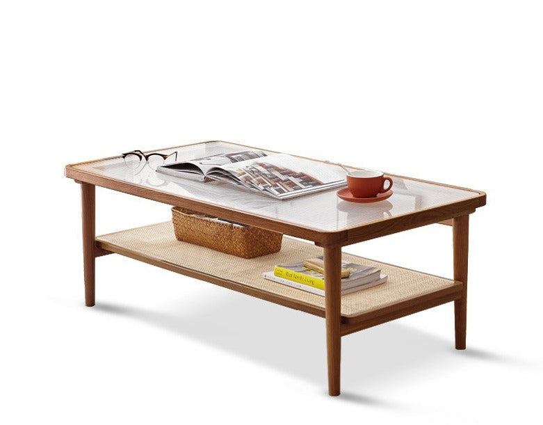 Coffee table tempered glass, rattan Oak solid wood"