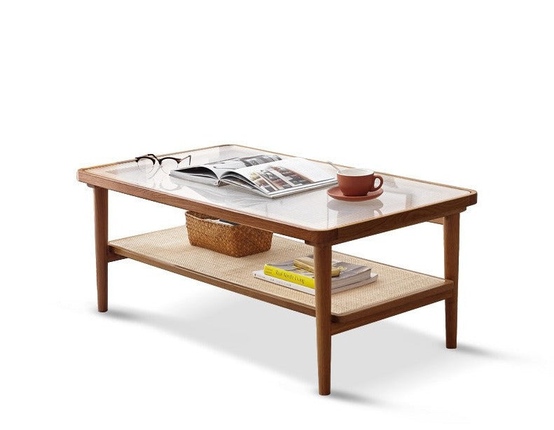 Coffee table tempered glass, rattan Oak solid wood"