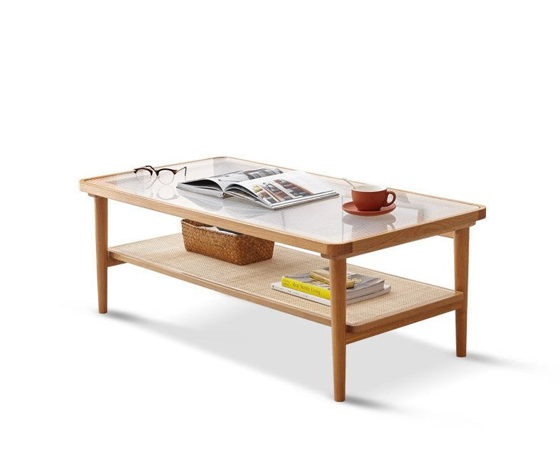 Coffee table tempered glass, rattan Oak solid wood"