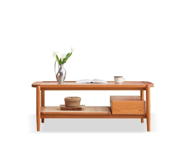Coffee table glass, rattan Cherry wood"