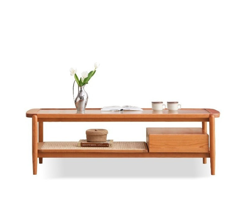 Coffee table glass, rattan Cherry wood"
