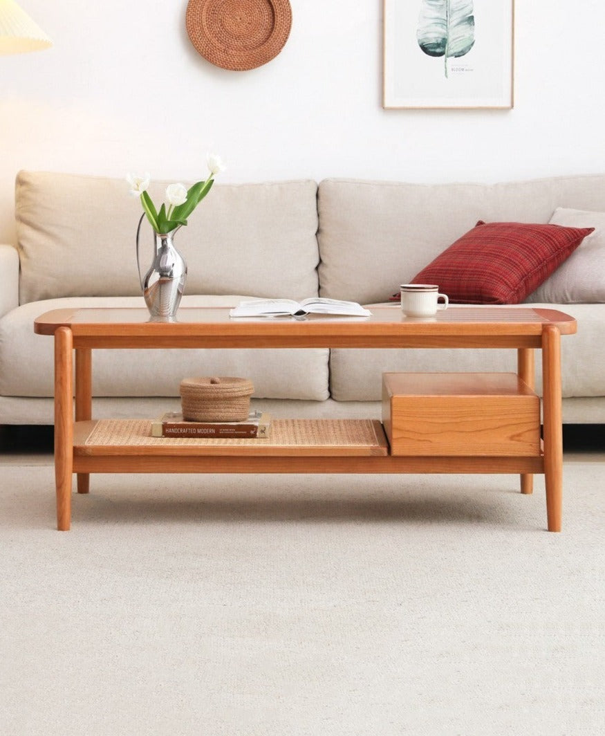 Coffee table glass, rattan Cherry wood"