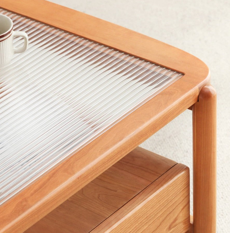 Cherry Solid Wood Coffee Table Glass, Rattan