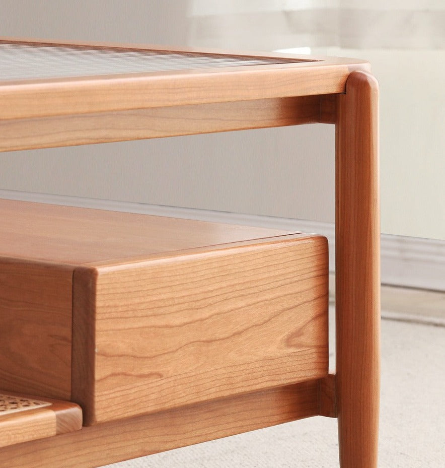 Cherry Solid Wood Coffee Table Glass, Rattan