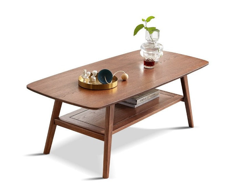 Double-layer Coffee table Oak solid wood walnut color+