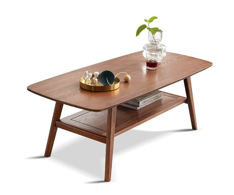 Double-layer Coffee table Oak solid wood walnut color+