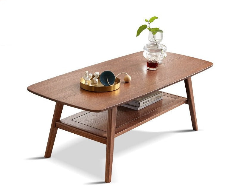 Double-layer Coffee table Oak solid wood walnut color+