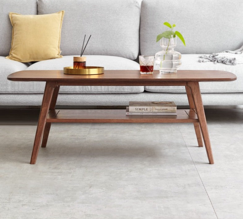 Solid Rubberwood, Beech, Oak Solid Wood Walnut Color Double-Layer Coffee Table