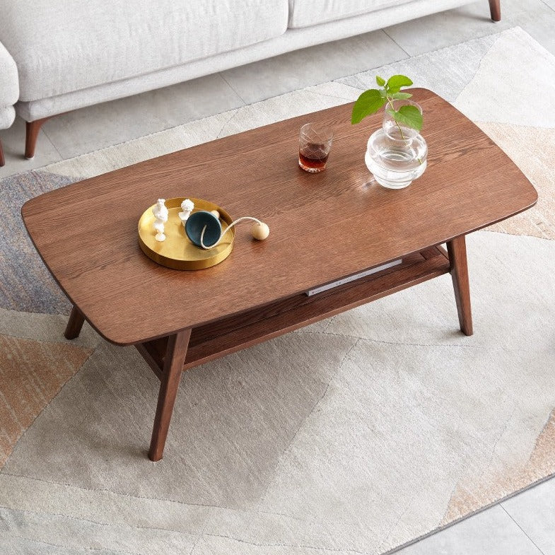 Double-layer Coffee table Oak solid wood walnut color+