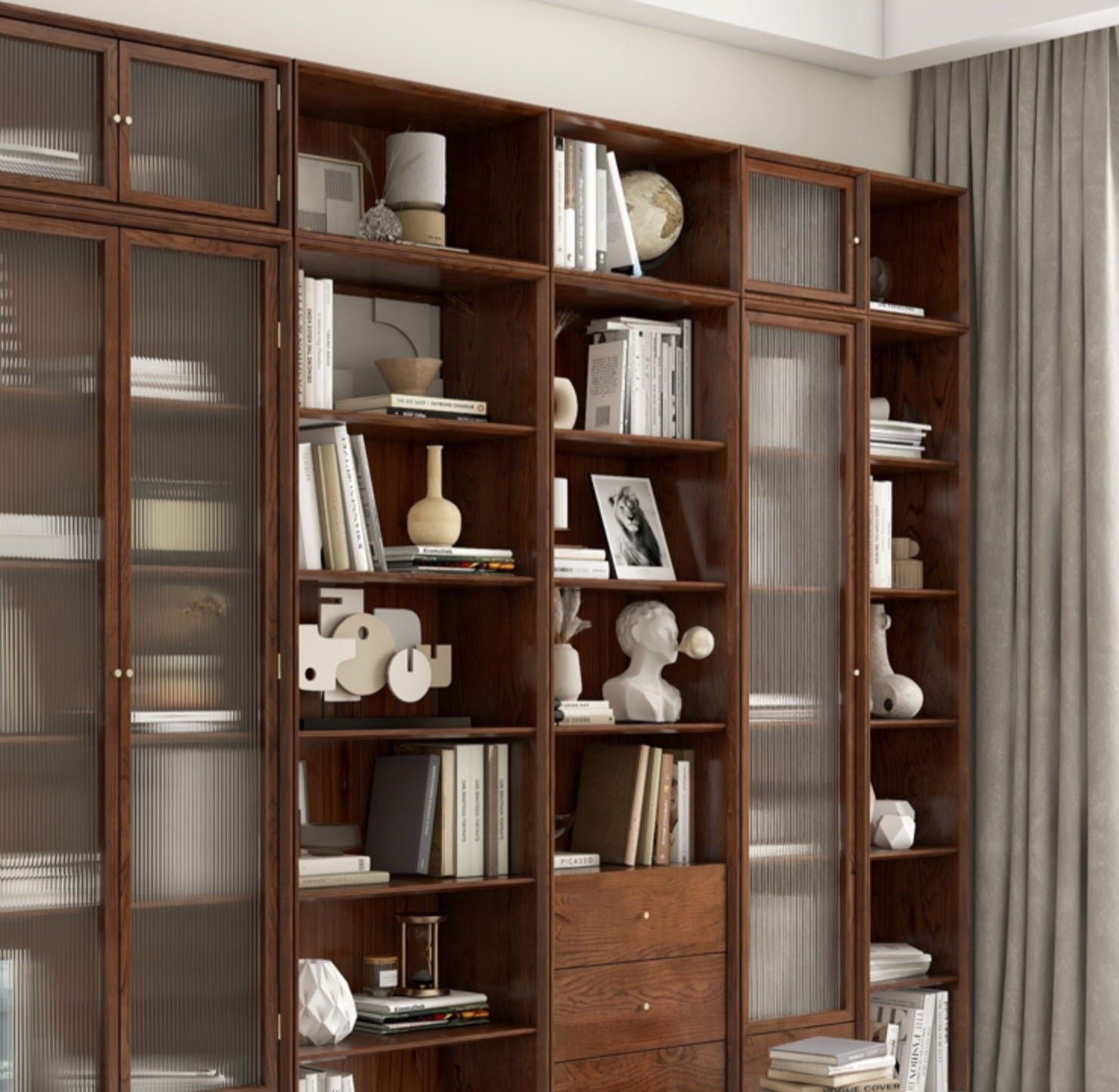 Oak, Ash Solid Wood Modular Bookcase with Glass Doors
