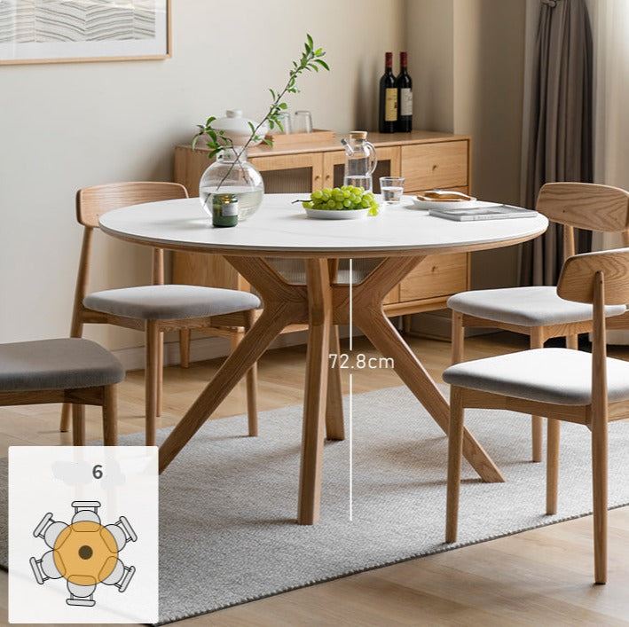 Oak Solid Wood Round Nordic Dining Table With Rock Slab Surface
