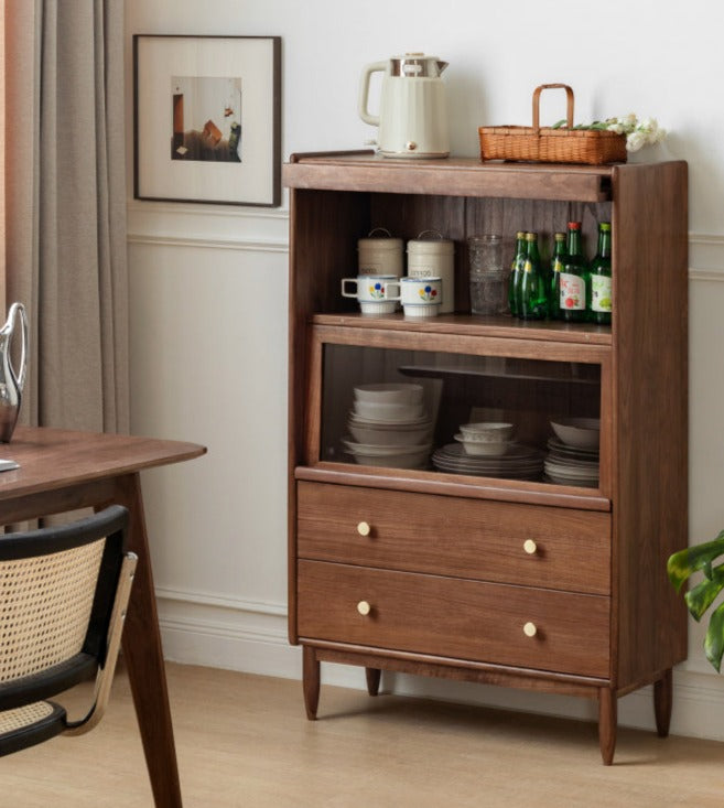 Sandalwood, Black Walnut, Oak Solid Wood Side Cabinet Flip Door LED Lights