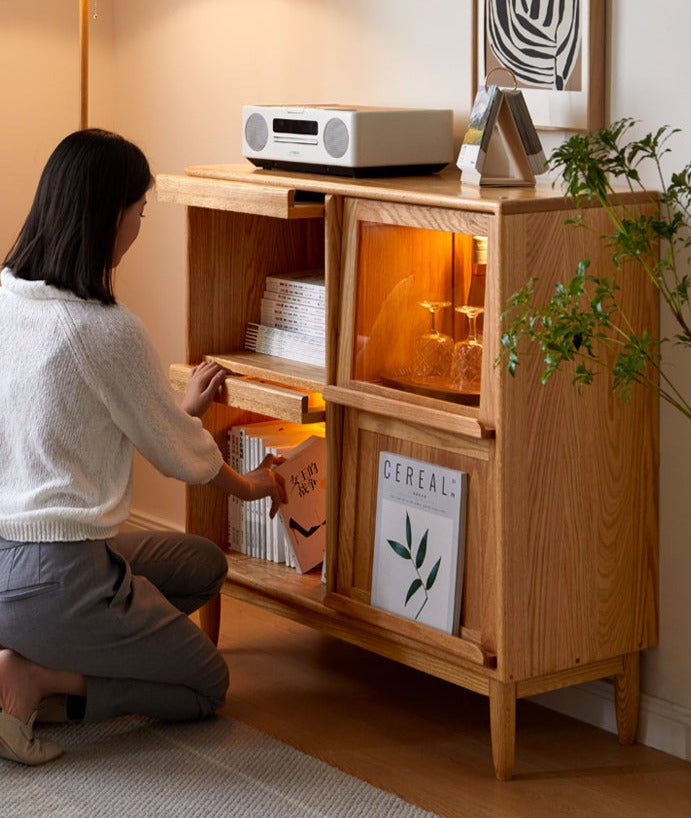 Oak, Сherry, Ash Solid Wood Four-Door Bookcase with Light, Magazine Cabinet.
