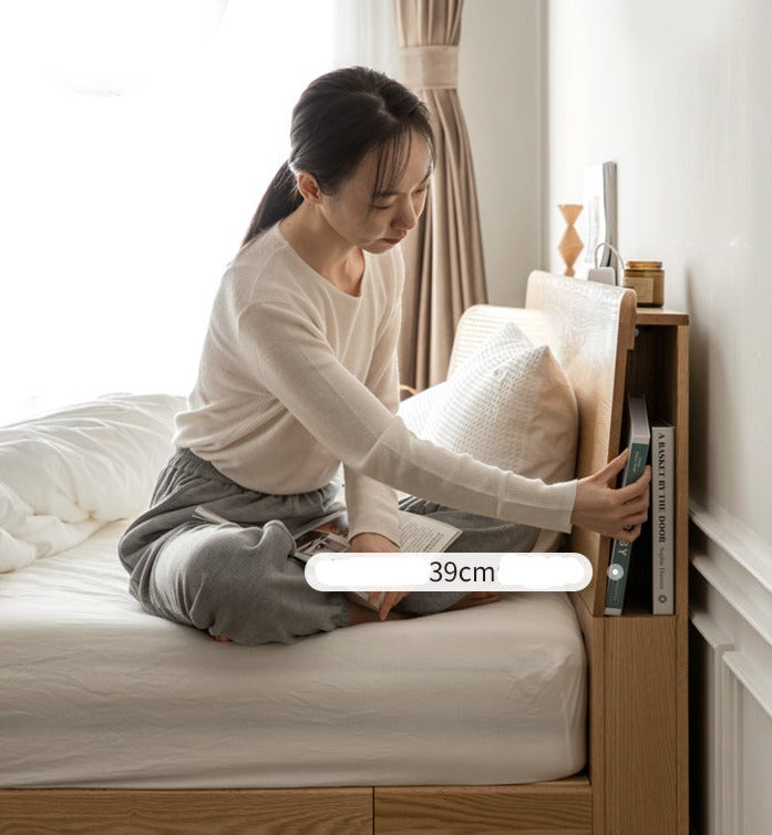 Oak Solid Wood Box Bed with Light And Bookshelf