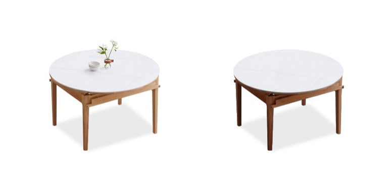Oak Solid Wood Round Folding Dining Table With Rock Slab Surface