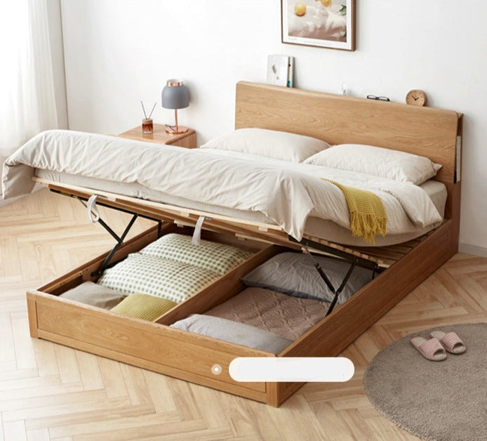 Oak Solid Wood Box Bed with Light And Bookshelf