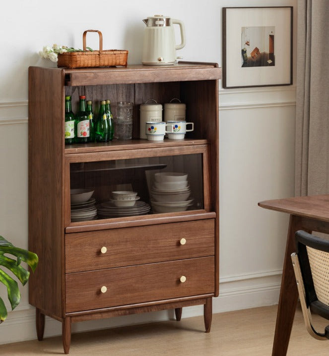 Sandalwood, Black Walnut, Oak Solid Wood Side Cabinet Flip Door LED Lights