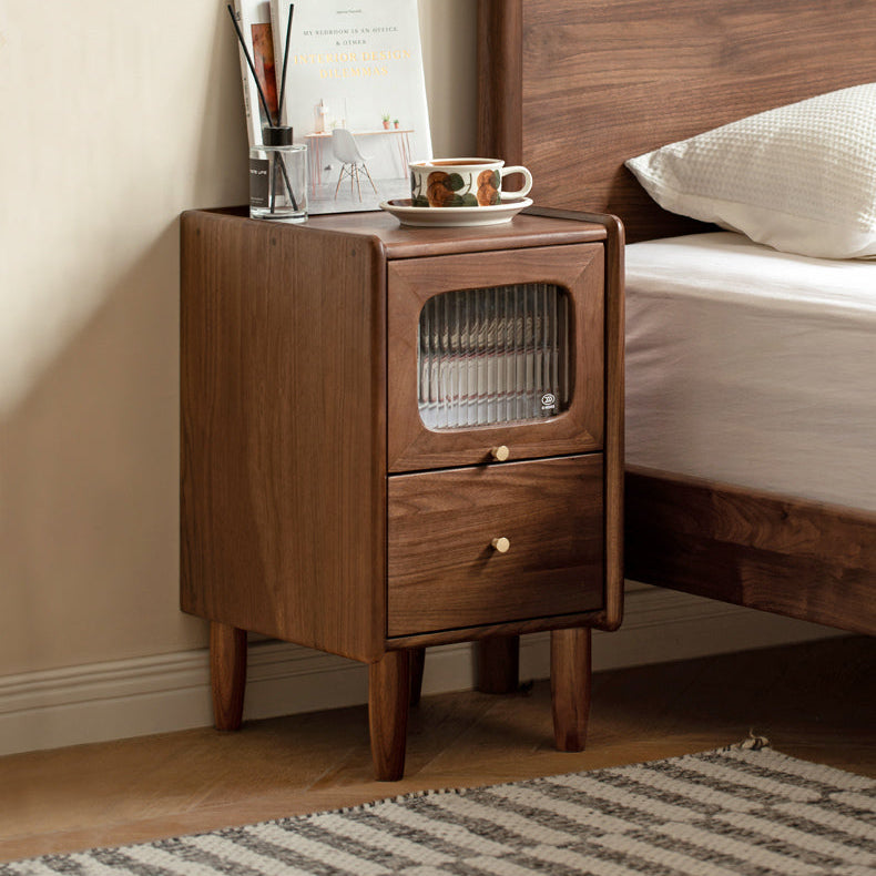 Black Walnut Solid Wood Fluted Glass Door Nightstand with Drawer