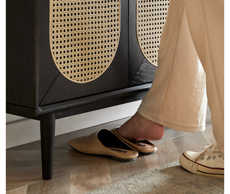 Oak Solid Wood Black Rattan Shoe Cabinet