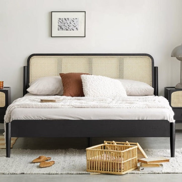 Oak Solid Wood Black Rattan bed
