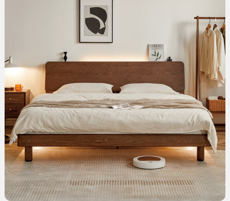 Oak Solid Wood Bed with Light, Storage Space