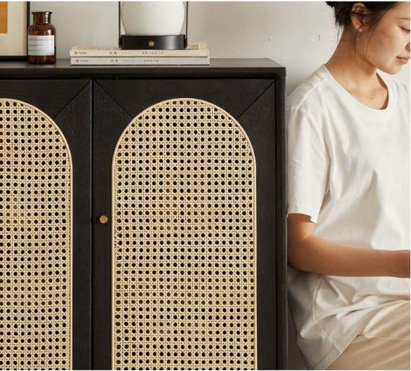 Oak Solid Wood Black Rattan Shoe Cabinet