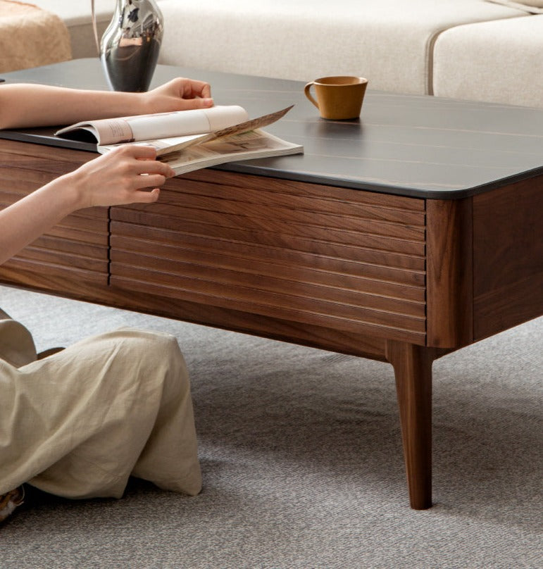 Black Walnut, Sandal Solid Wood Coffee Table with Slate Top