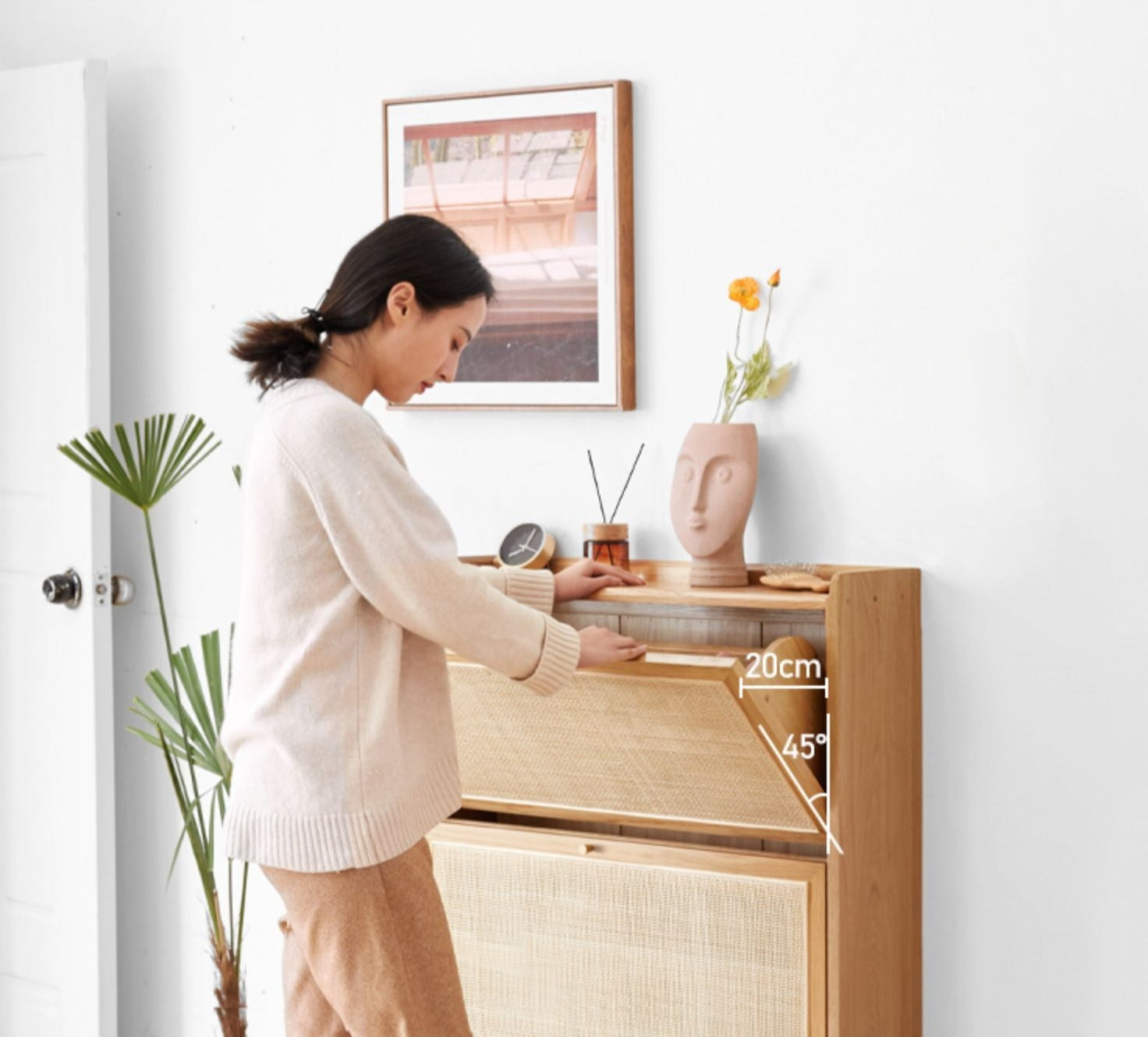 Oak Solid Wood Ultra-Thin Flap Door Rattan Shoe Cabinet