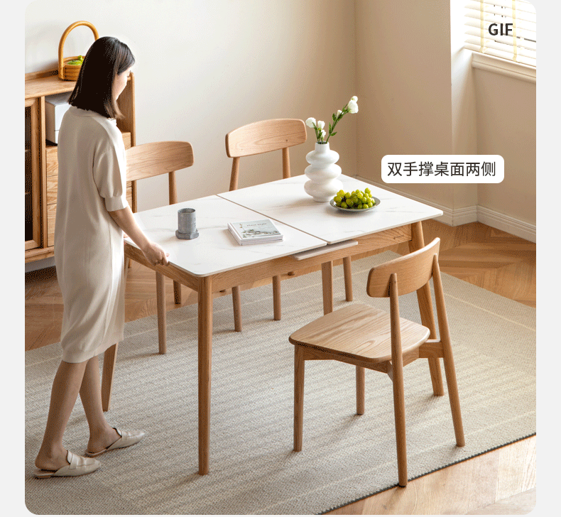 Oak Solid Wood Folding Dining Table Rock Slab Surface