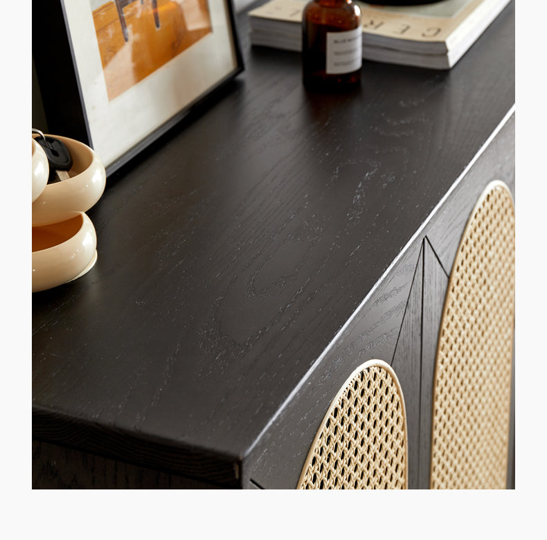 Oak Solid Wood Black Rattan Shoe Cabinet