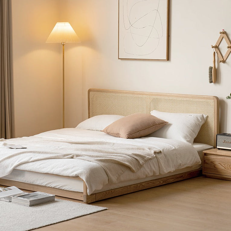 Ash Solid Wood Floor Bed Rattan