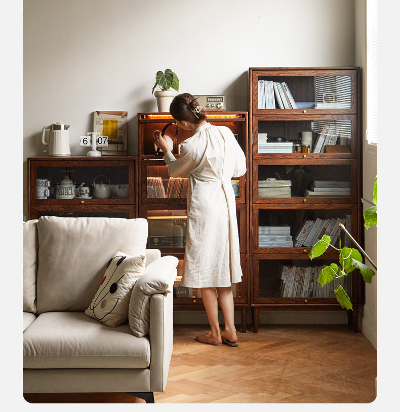 Black Walnut, Oak Solid Wood Glass Flip Door Bookcase, Side Cabinet