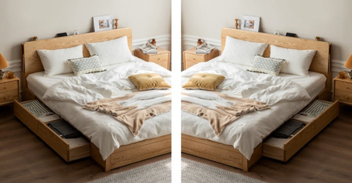 Oak Solid Wood Box Bed with Light And Bookshelf