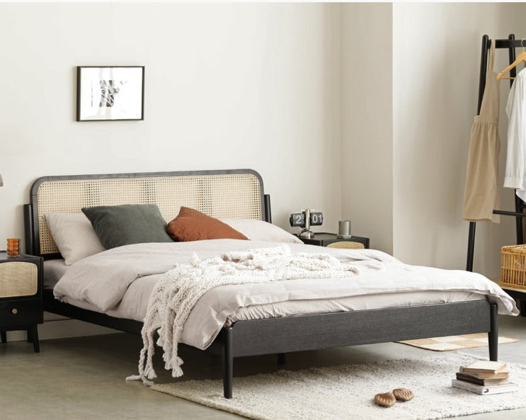 Oak rattan solid wood black bed