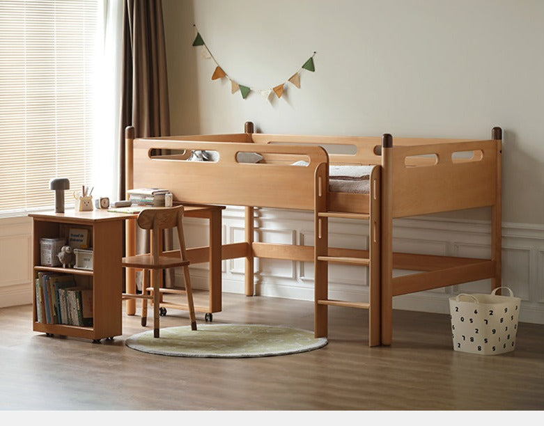 Beech Nordic Children's Solid Wood Loft Bed, Modern Minimalist Multifunctional Combination Bed with Table