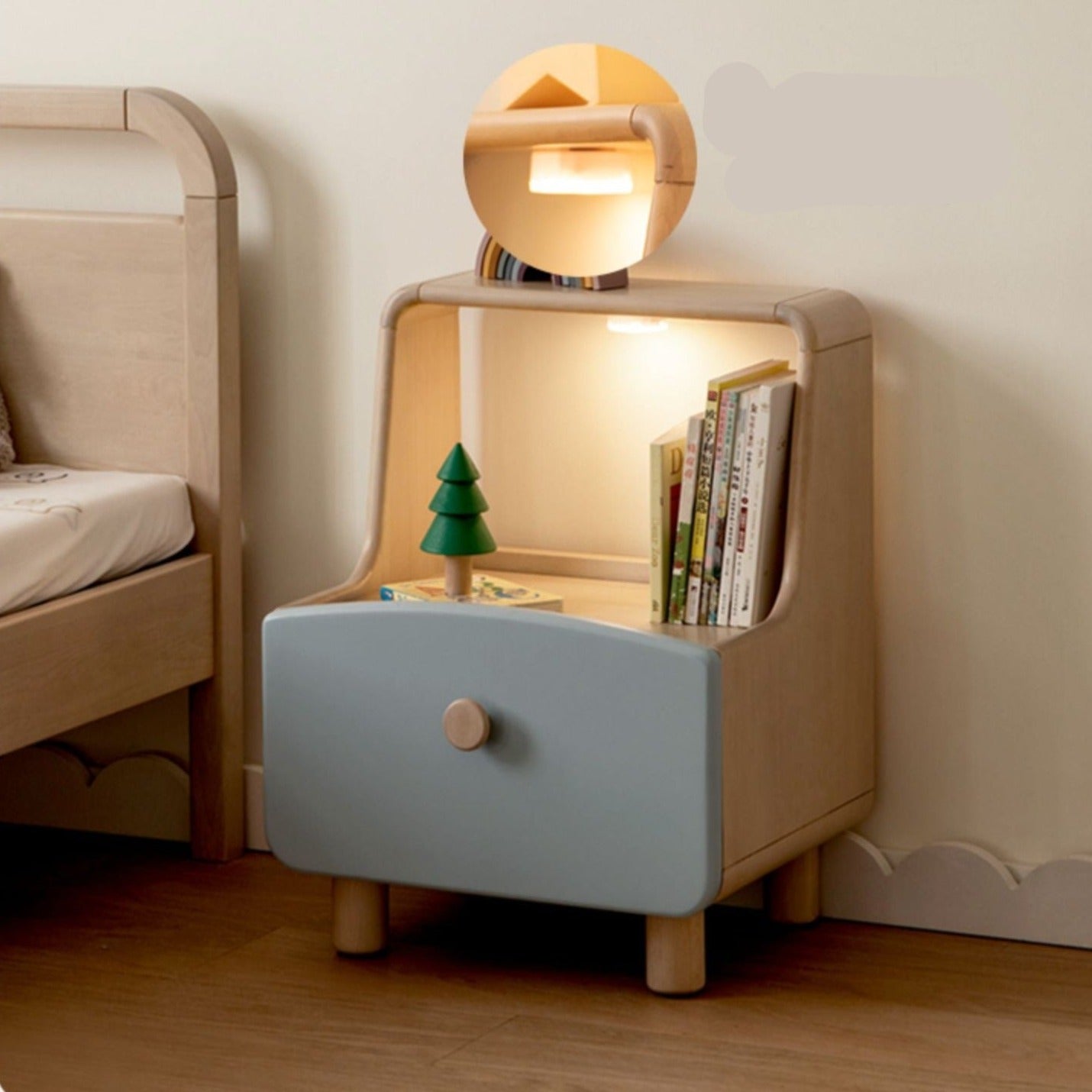 Birch, Beech Solid Wood Nightstand Built-in Night Light