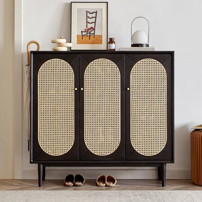 Oak Solid Wood Black Rattan Shoe Cabinet