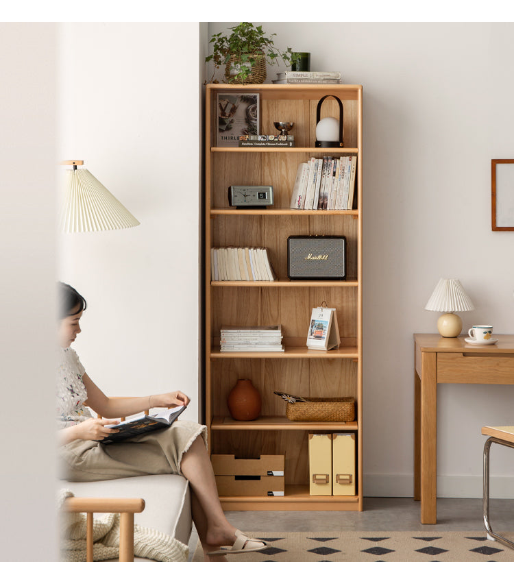 European Beech, Oak Solid Wood Floor-Standing Bookshelf with Glass Door Display
