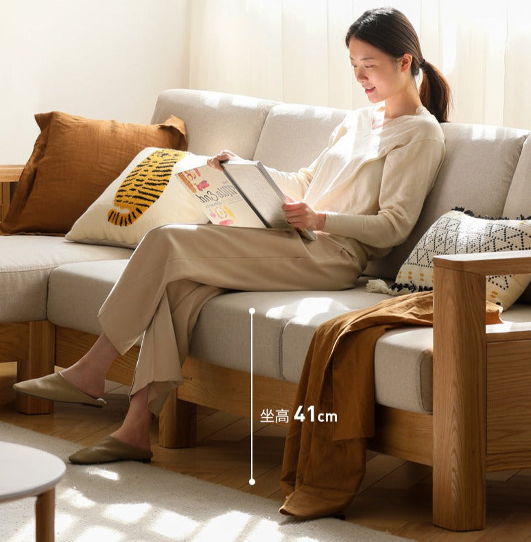 Solid Rubberwood, Oak Solid Wood Cotton Fabric Sofa