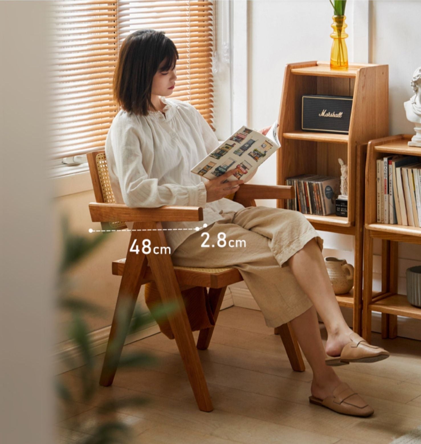 Ash, Oak, Cherry, Black Walnut, Beech Solid Wood Retro Rattan Chair